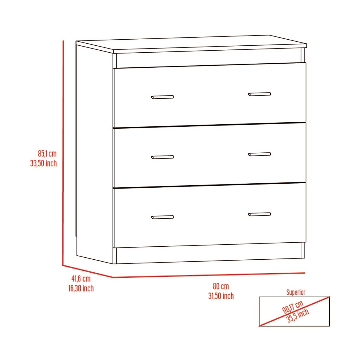 Three Drawer Dresser Superior Top Handles