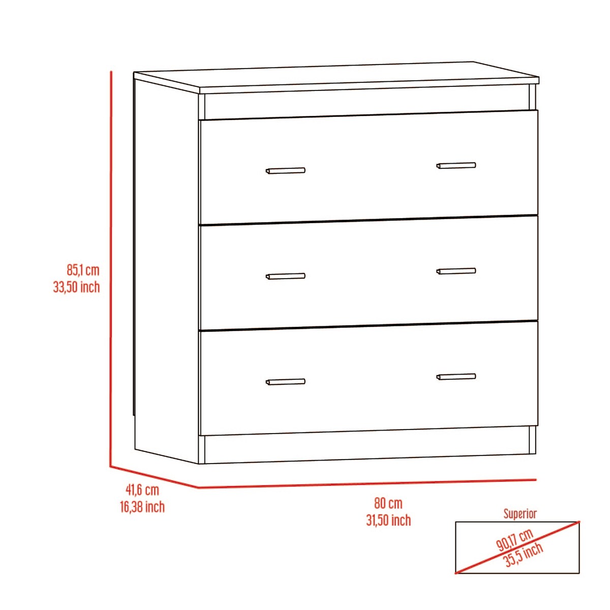 Three Drawer Dresser Superior Top Handles