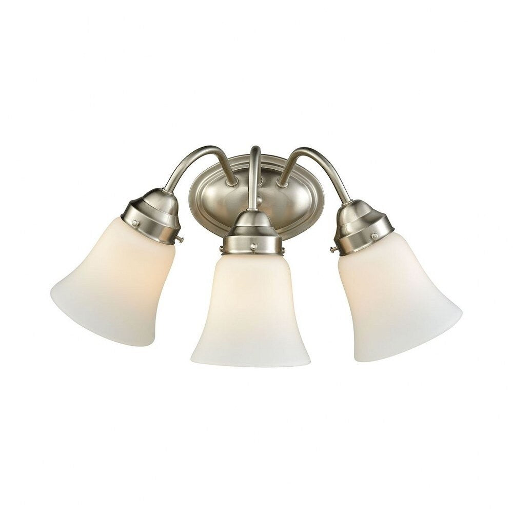 Three Light Bell Shaped Shades Bath Vanity with Oval Back Plate and Curved Arms - Transitional Bathroom Lighting Brushe