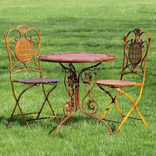 Three Piece "Valiko" Iron Bistro Set - Woven Textured Table and Two Chairs