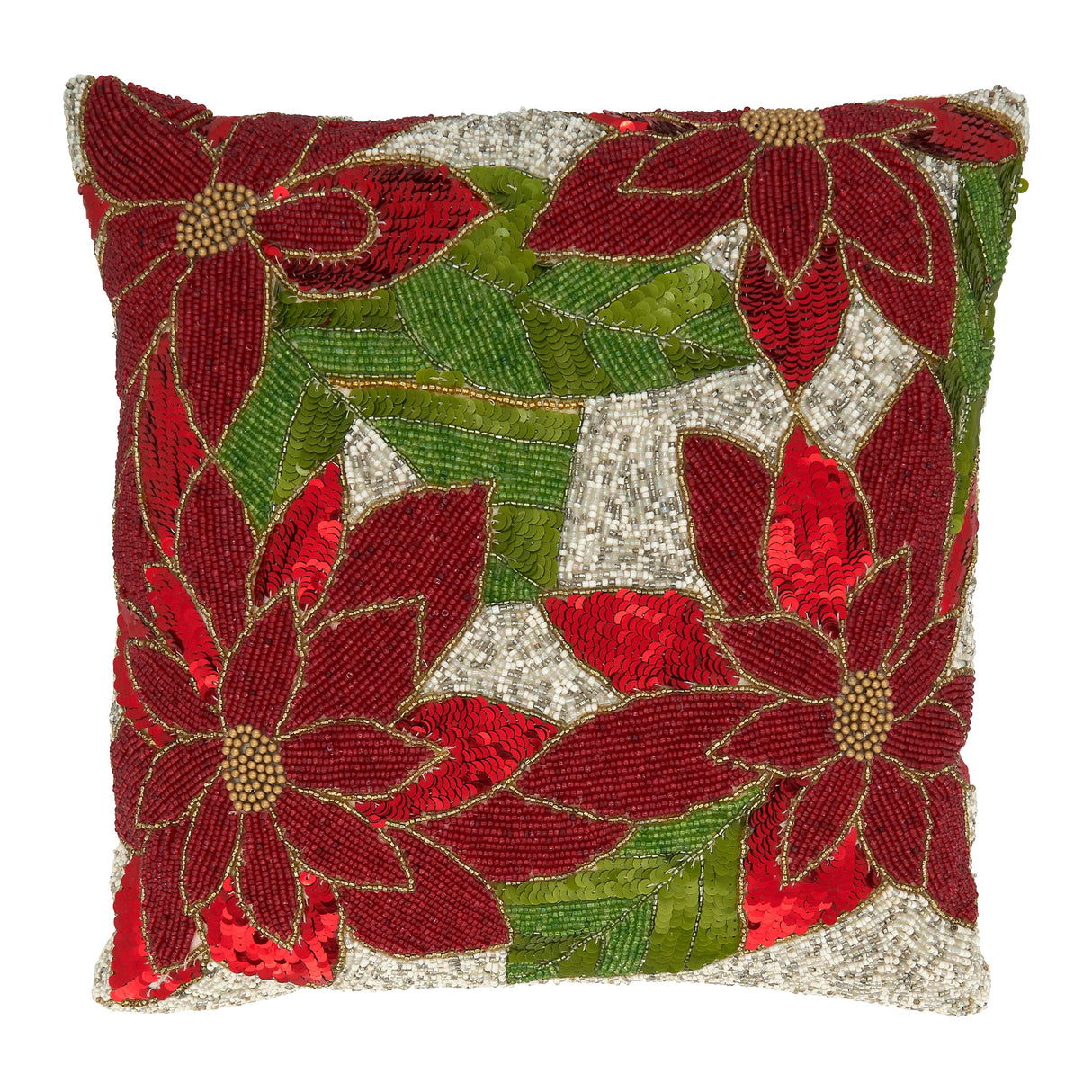 Throw Pillow With Beaded Poinsettia Design