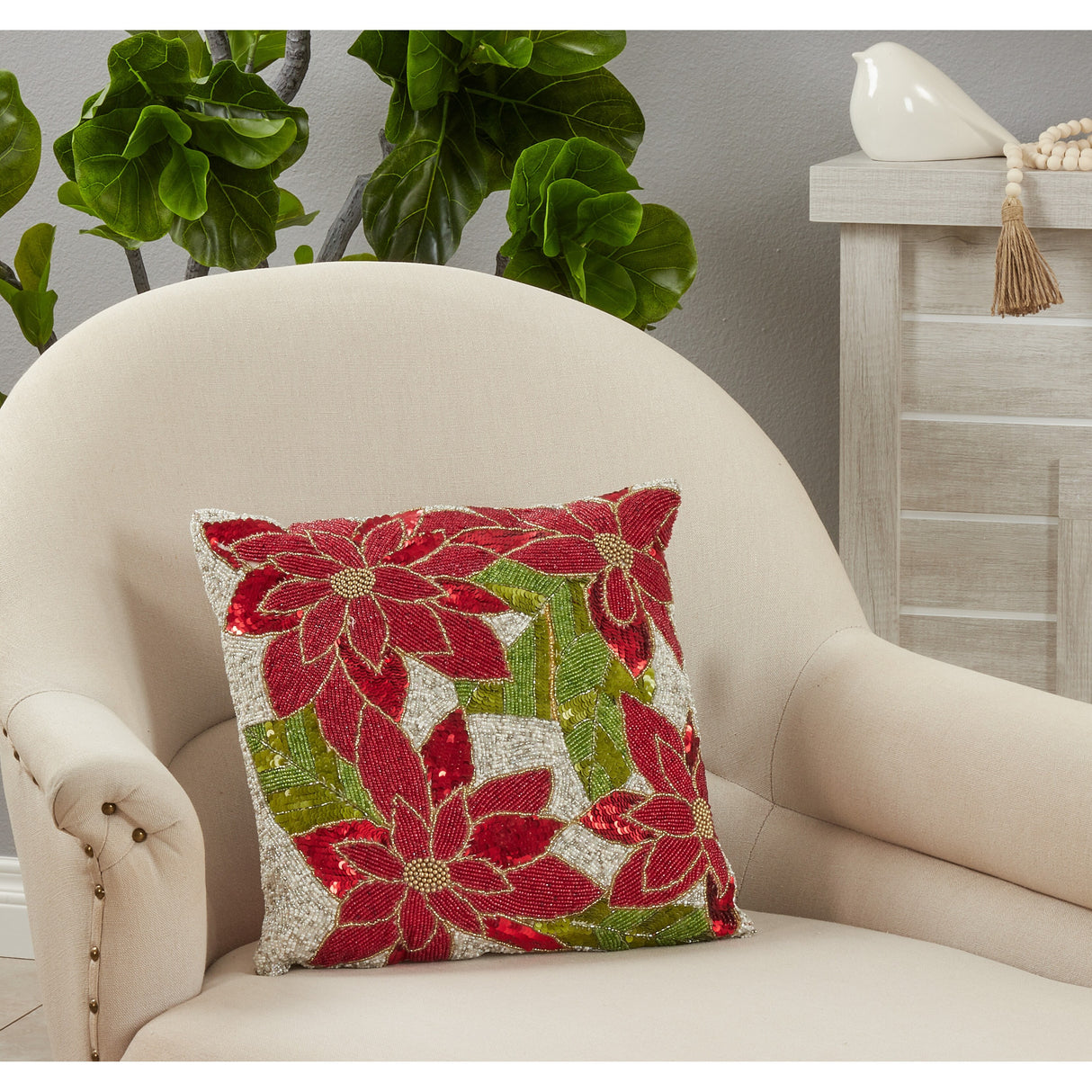 Throw Pillow With Beaded Poinsettia Design