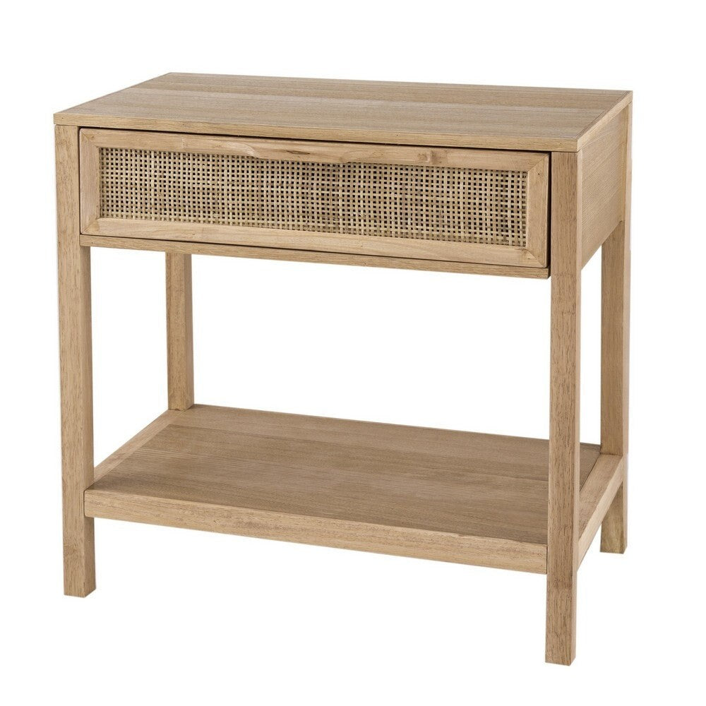 22 Inch Accent Side Table, Pine Wood, Woven Rattan, 1 Drawer - 22 H x 12 W x 22 L Inches