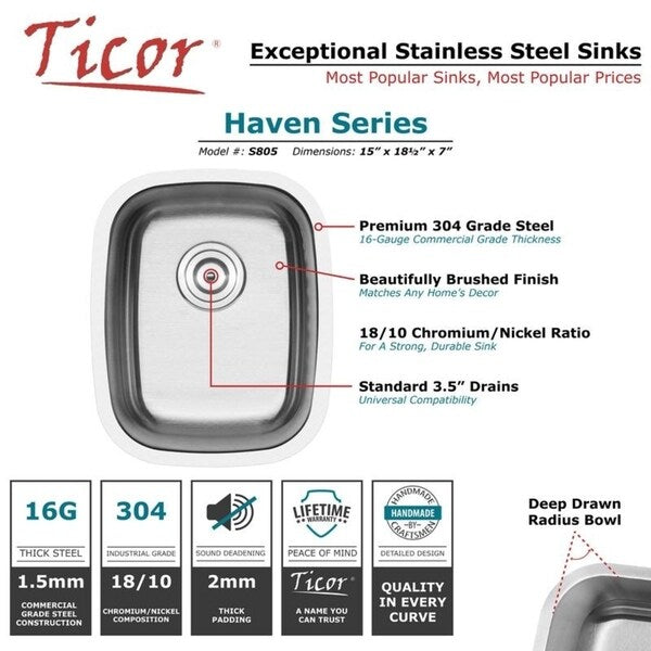 Ticor 16-gauge Undermount 15-inch Stainless Steel Single Bowl Kitchen/ Bar Sink