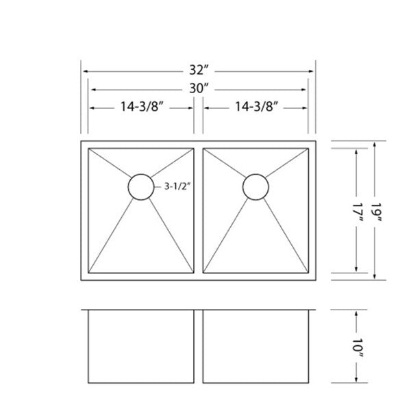 Ticor 32-inch 16-gauge Stainless Steel Double Bowl Undermount Square Kitchen Sink