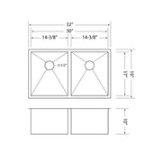 Ticor 32-inch 16-gauge Stainless Steel Double Bowl Undermount Square Kitchen Sink