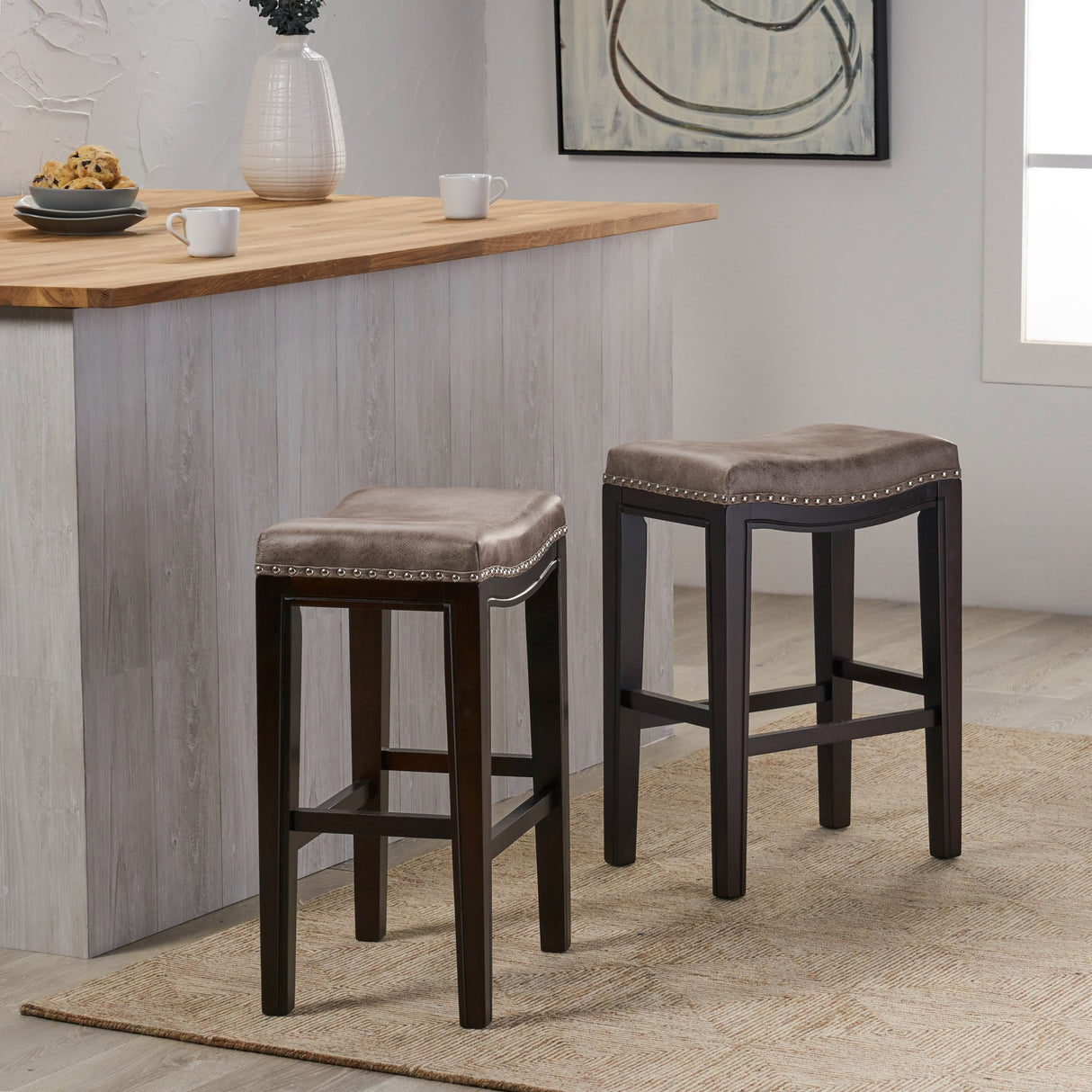 Tiffin Contemporary Studded Fabric Counter Stool (Set of 2) by Christopher Knight Home