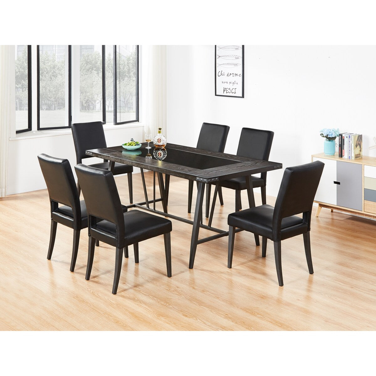 Titanic Furniture Alexander Dark Brown Rustic Wood Dining Table with Black Tempered Glass