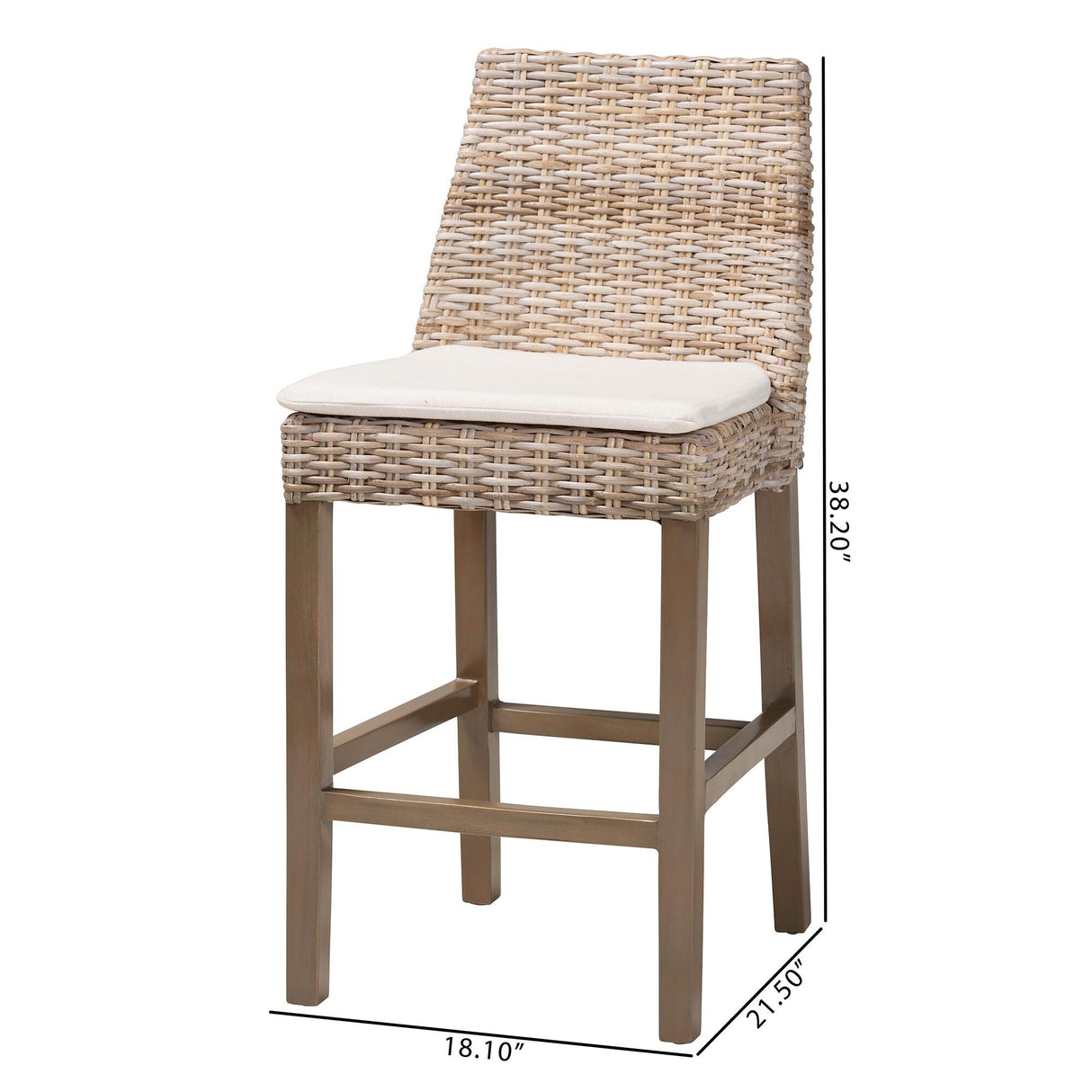 Toby Modern Bohemian Grey Kubu Rattan and Rustic Taupe Finished Mahogany Wood Counter Stool