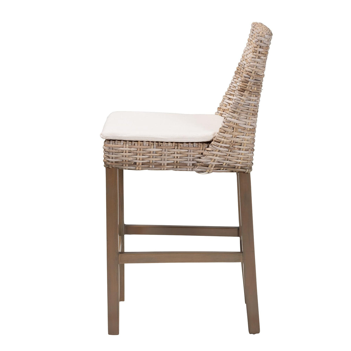 Toby Modern Bohemian Grey Kubu Rattan and Rustic Taupe Finished Mahogany Wood Counter Stool