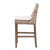 Toby Modern Bohemian Grey Kubu Rattan and Rustic Taupe Finished Mahogany Wood Counter Stool