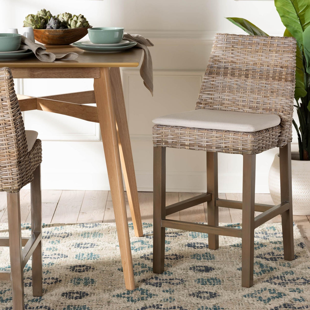 Toby Modern Bohemian Grey Kubu Rattan and Rustic Taupe Finished Mahogany Wood Counter Stool