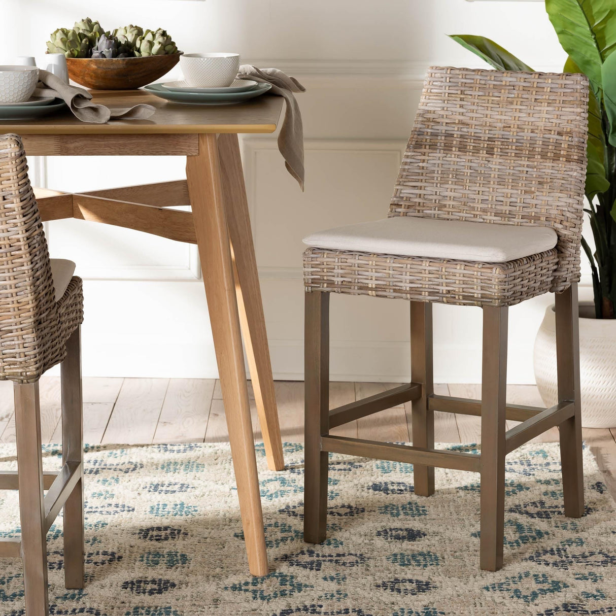 Toby Modern Bohemian Grey Kubu Rattan and Rustic Taupe Finished Mahogany Wood Counter Stool