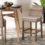 Toby Modern Bohemian Grey Kubu Rattan and Rustic Taupe Finished Mahogany Wood Counter Stool