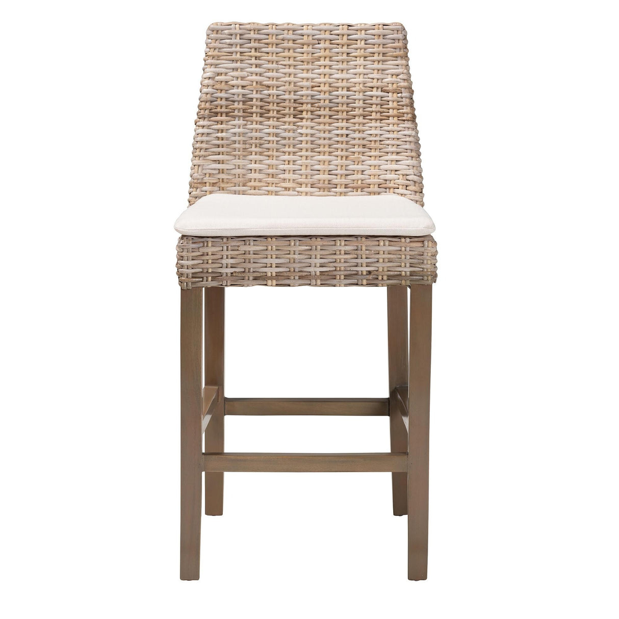 Toby Modern Bohemian Grey Kubu Rattan and Rustic Taupe Finished Mahogany Wood Counter Stool