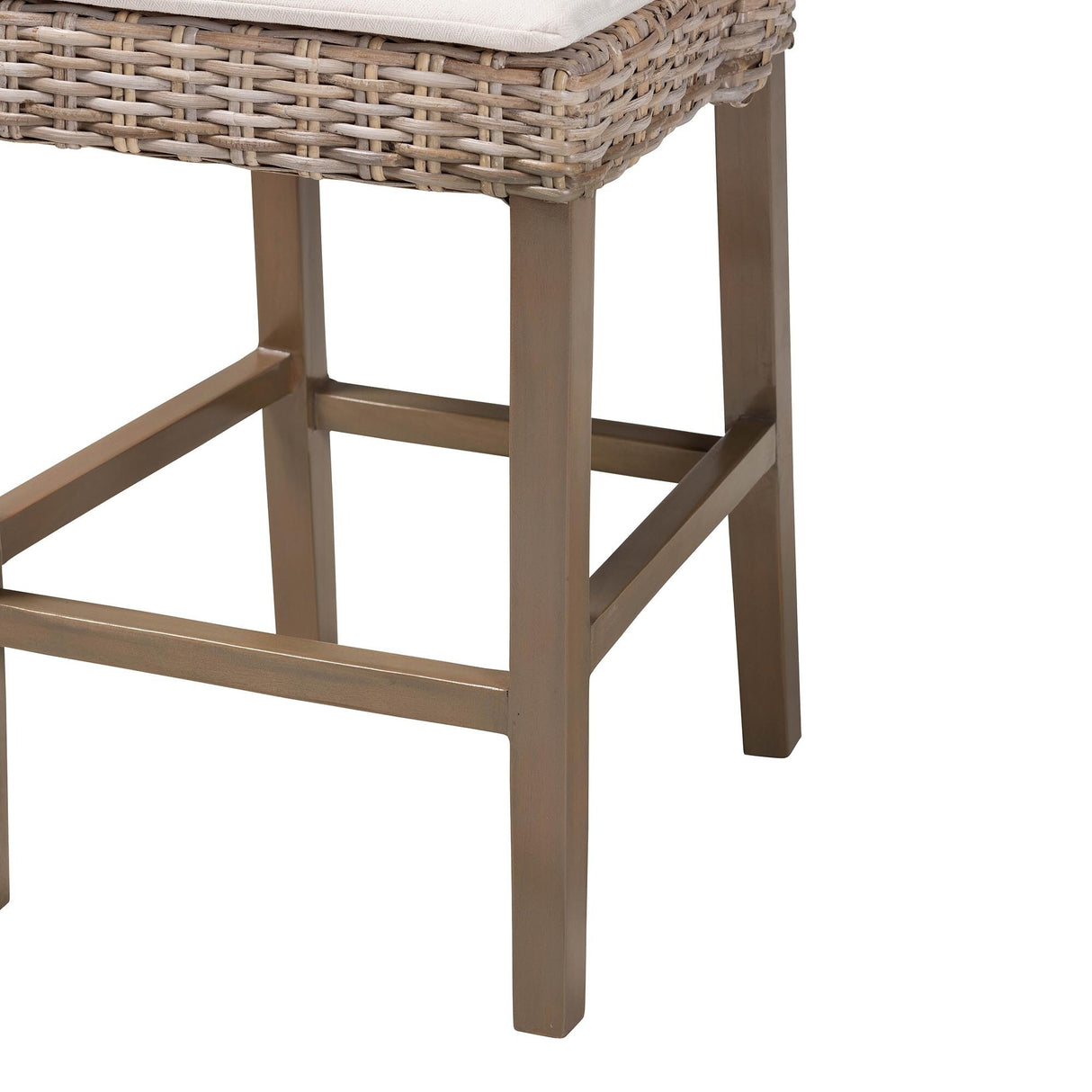 Toby Modern Bohemian Grey Kubu Rattan and Rustic Taupe Finished Mahogany Wood Counter Stool