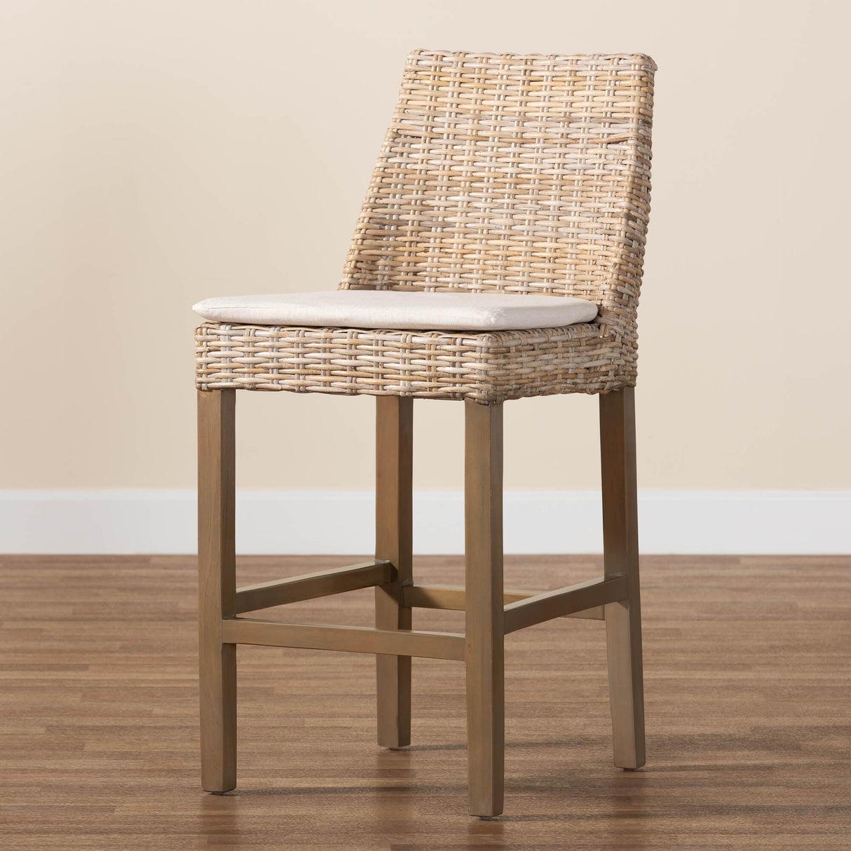 Toby Modern Bohemian Grey Kubu Rattan and Rustic Taupe Finished Mahogany Wood Counter Stool