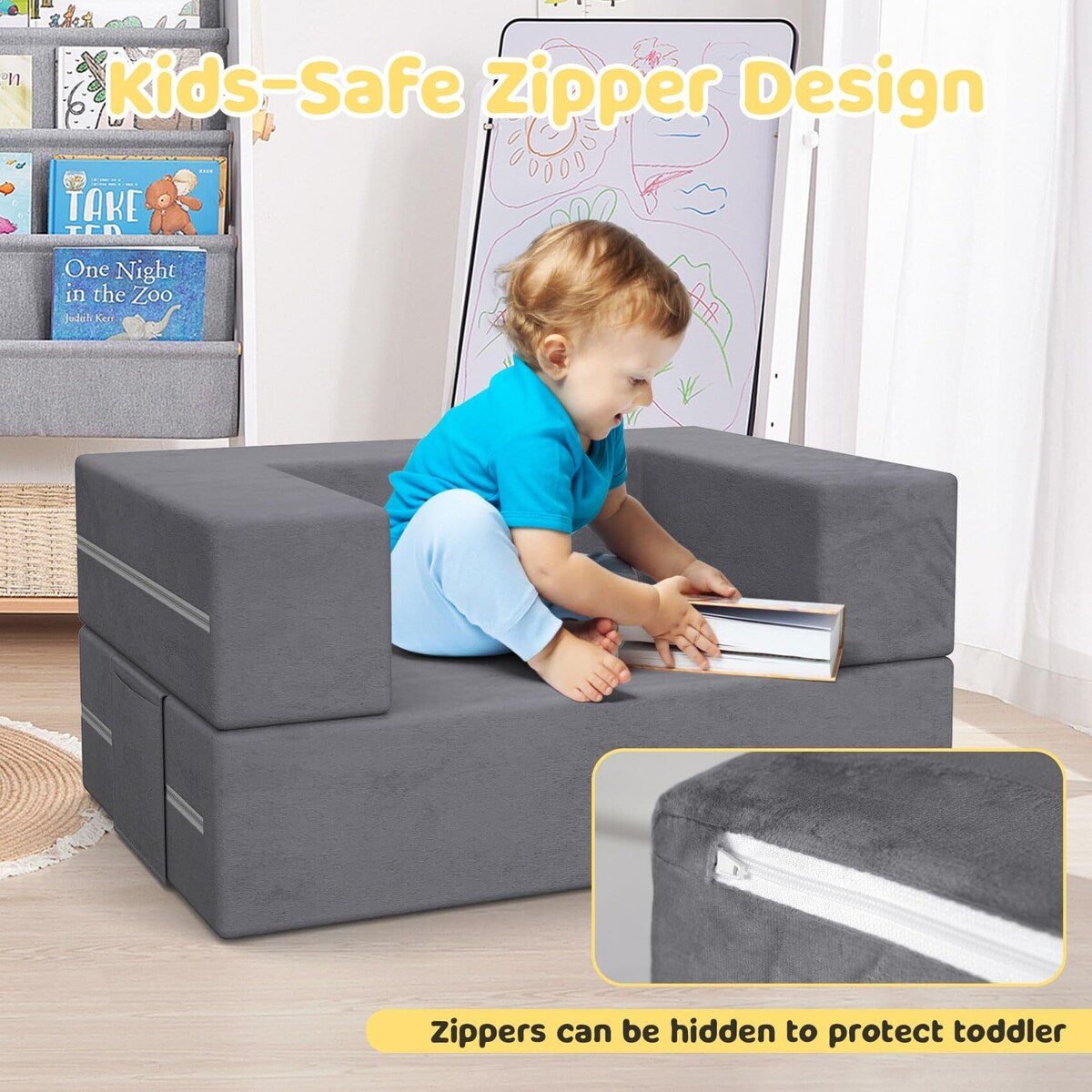 Toddler Couch with Blanket, 3-in-1 Kids Couches and Sofas Fold Out, Convertible Sofa to Playful Slide, Extra Softer Kids Sofa