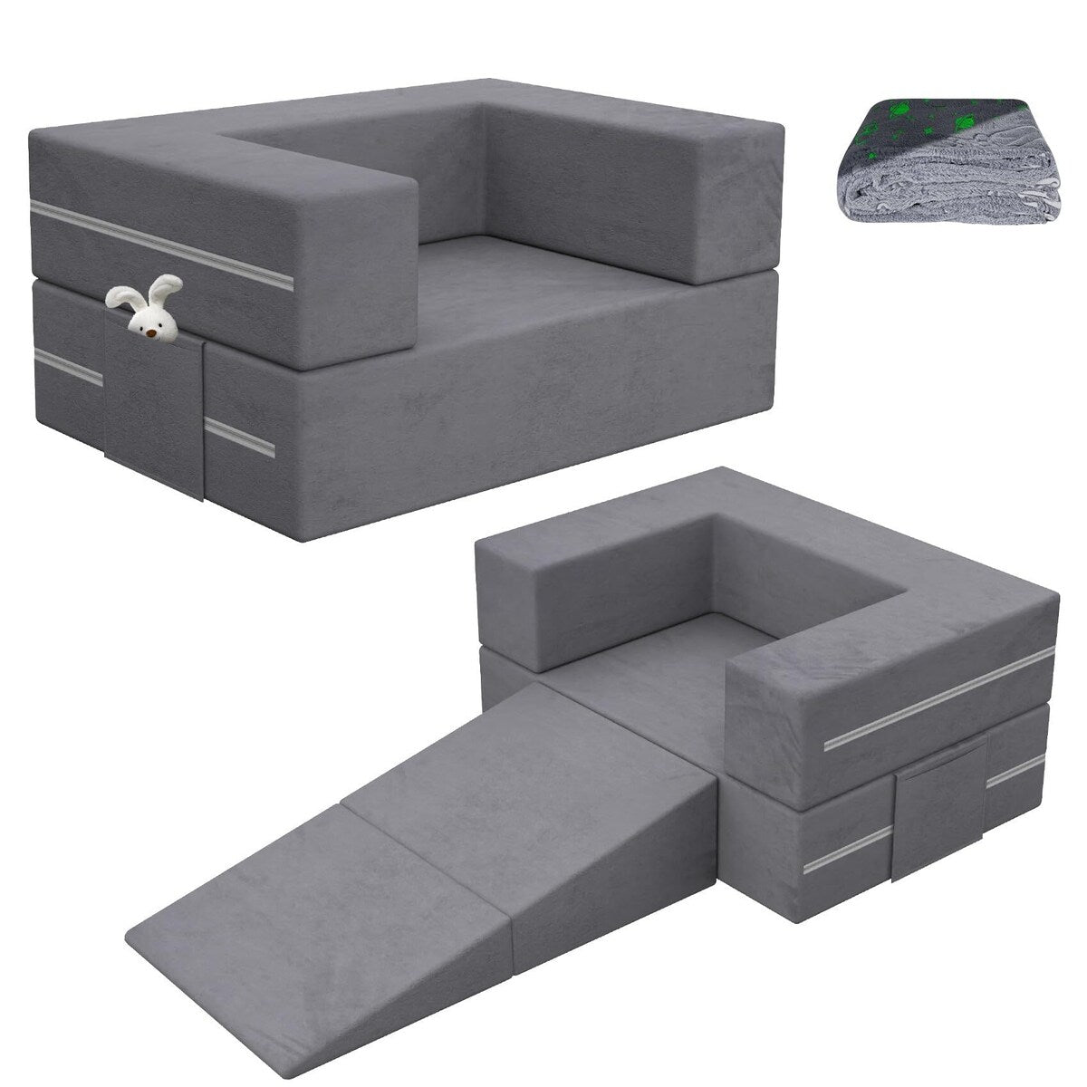 Toddler Couch with Blanket, 3-in-1 Kids Couches and Sofas Fold Out, Convertible Sofa to Playful Slide, Extra Softer Kids Sofa