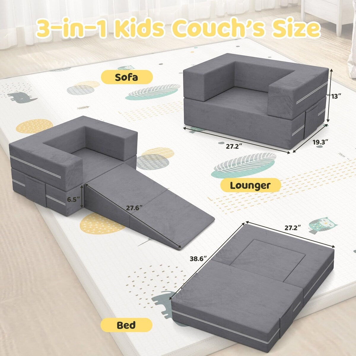 Toddler Couch with Blanket, 3-in-1 Kids Couches and Sofas Fold Out, Convertible Sofa to Playful Slide, Extra Softer Kids Sofa