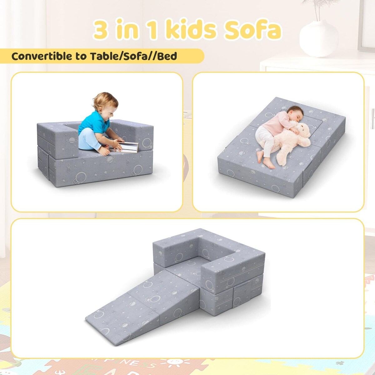 Toddler Couch with Blanket, 3-in-1 Kids Couches and Sofas Fold Out, Convertible Sofa to Playful Slide, Extra Softer Kids Sofa