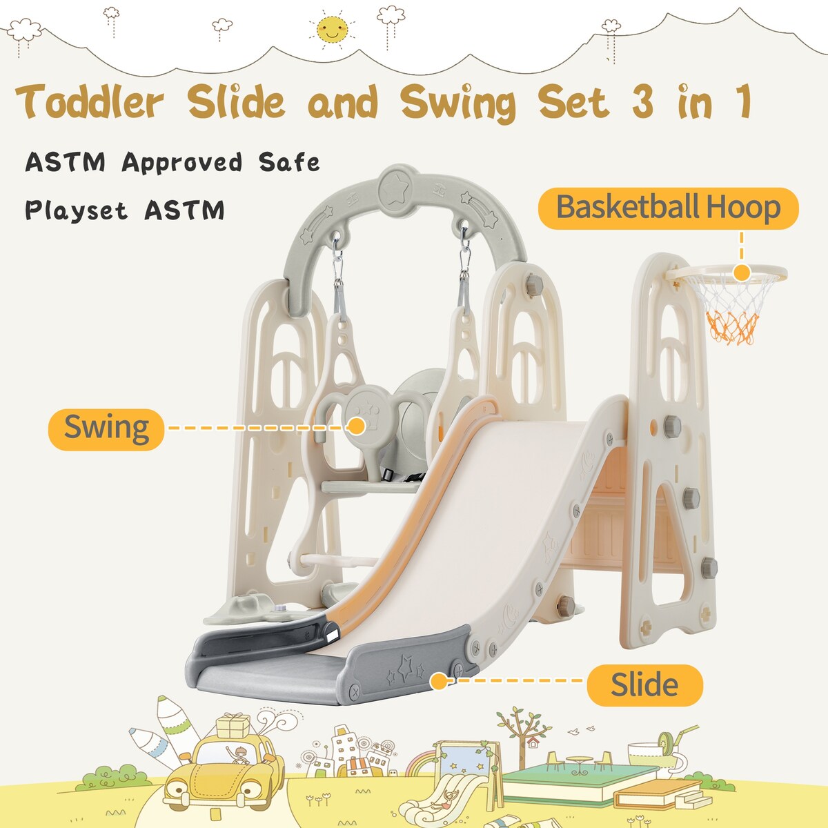 Toddler Slide and Swing Set 3 in 1 Toddler Playset
