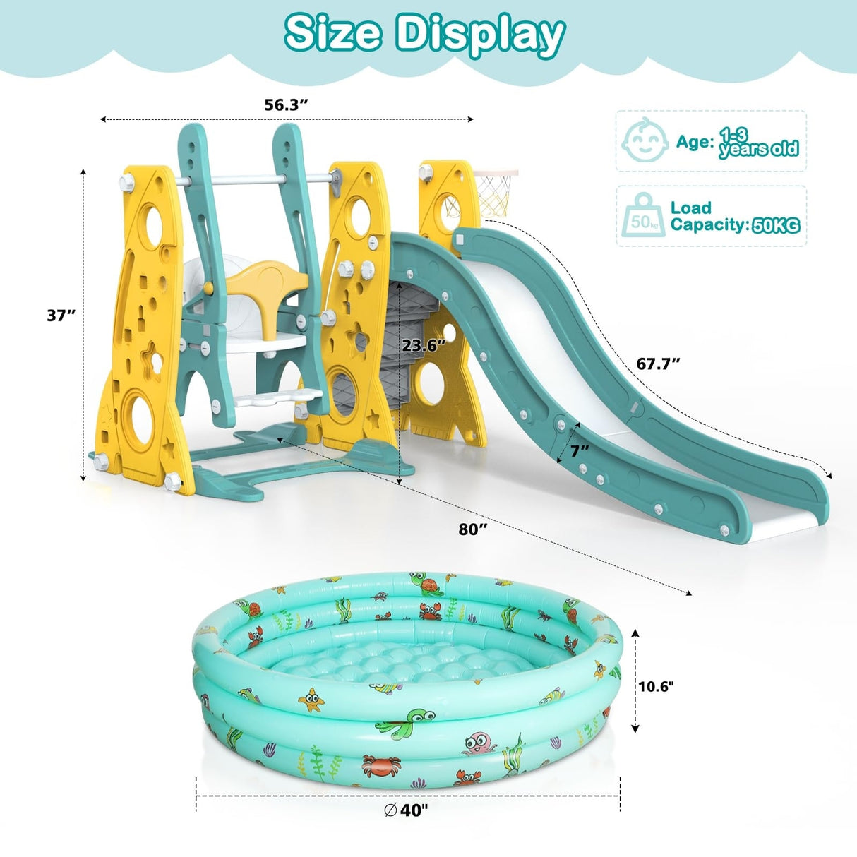 Toddler Slide and Swing Set 4 in 1 Kids Climber Slide Playset - 80 x 56.3 x 37in