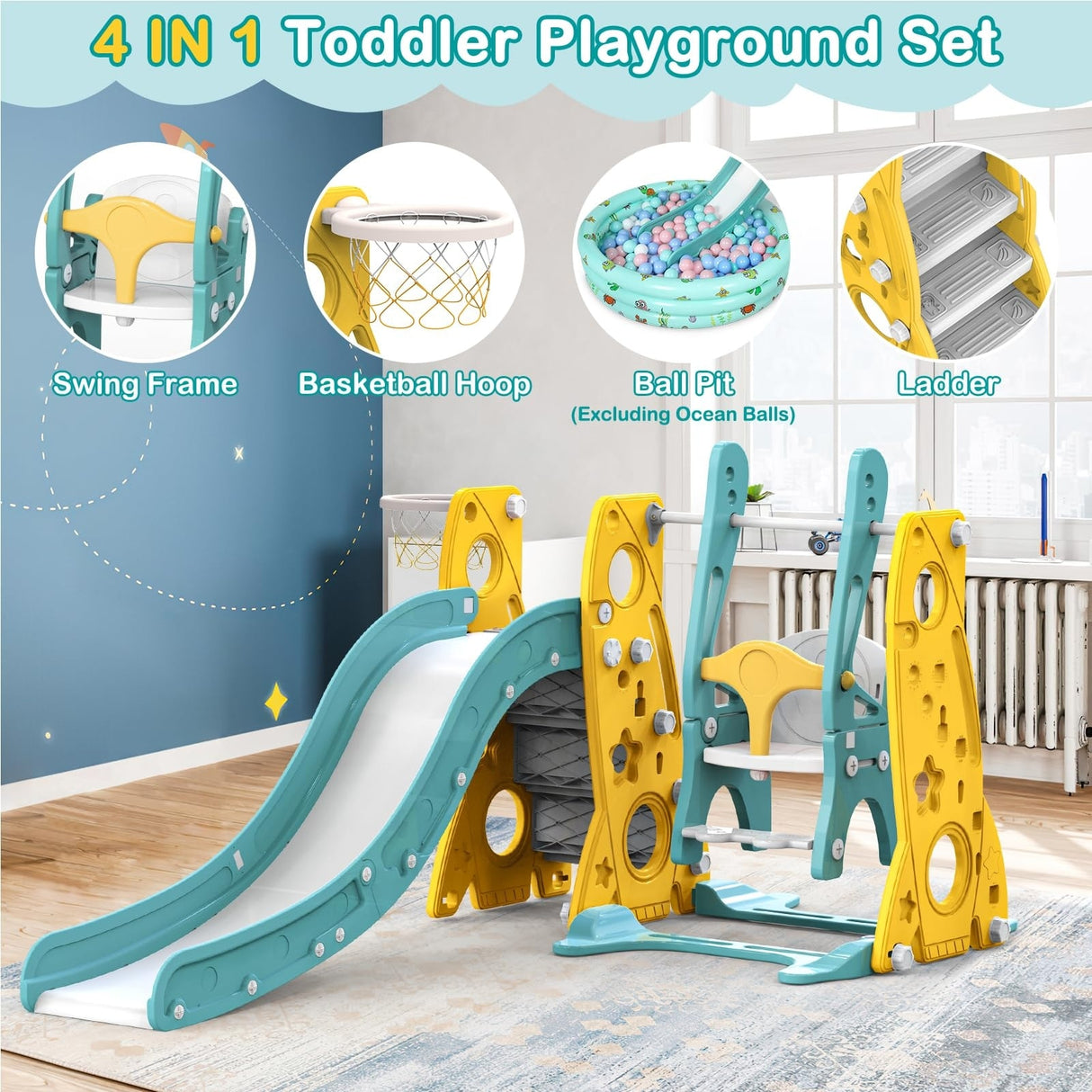 Toddler Slide and Swing Set 4 in 1 Kids Climber Slide Playset - 80 x 56.3 x 37in