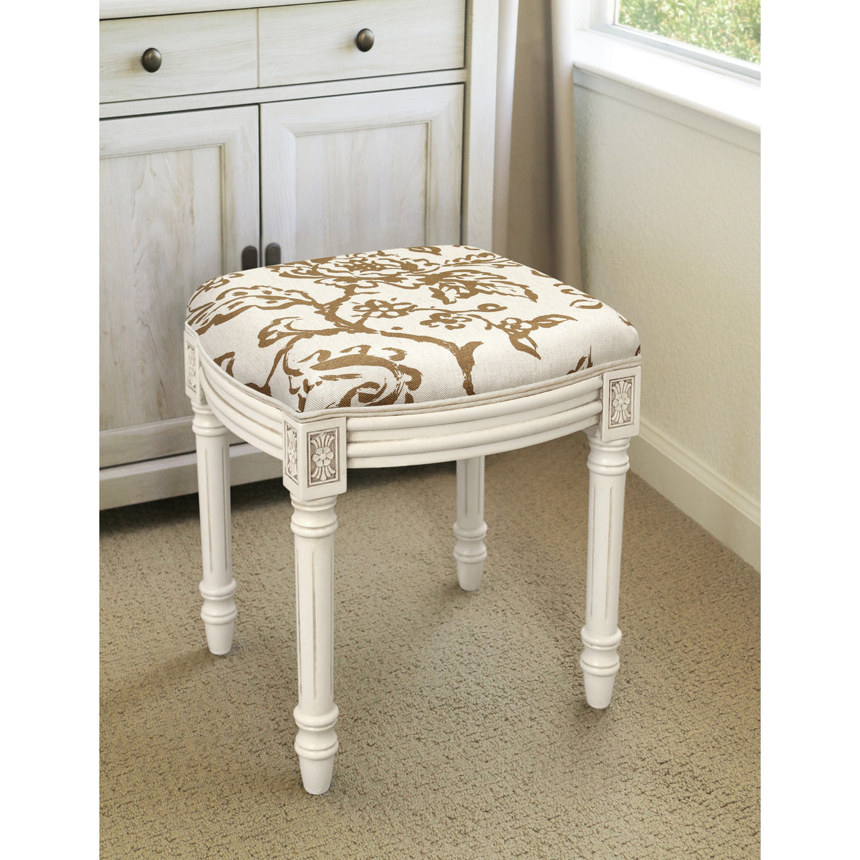 Toile White Wood/Linen Vanity Stool