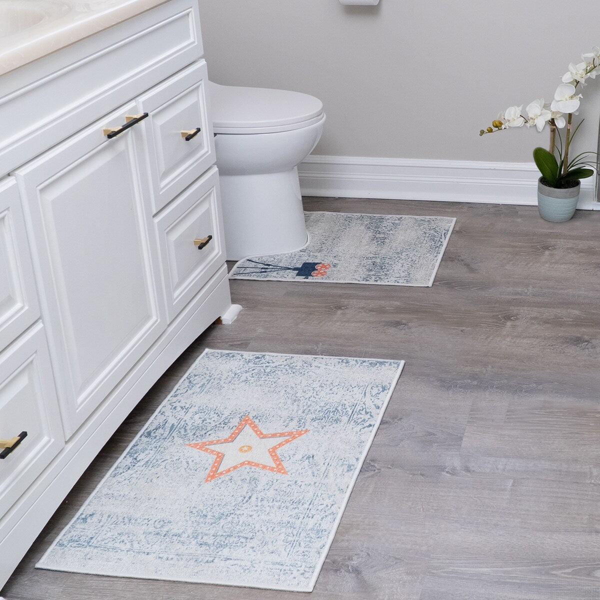 Toilet Mat Set - 2-Piece Designer Print Bathroom Contour Rugs Combo - Non Slip, Soft Cotton & Absorbent Floor Carpets