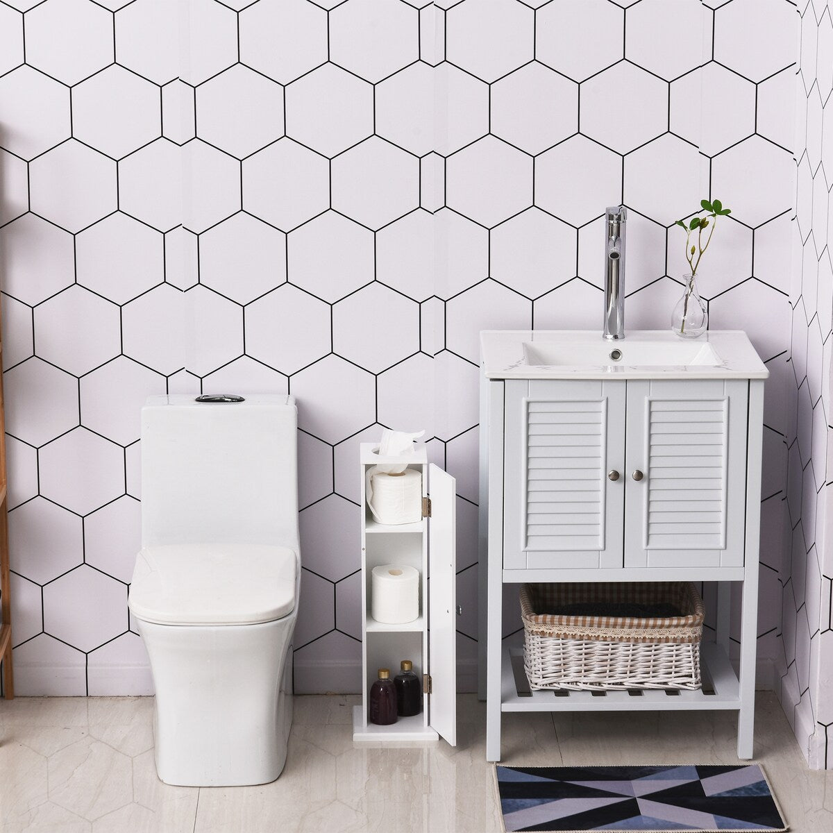 Toilet Paper Cabinet Bathroom Corner Floor Cabinet with Doors and Shelves, Bathroom Thin Storage Organizer for Paper Shampoo