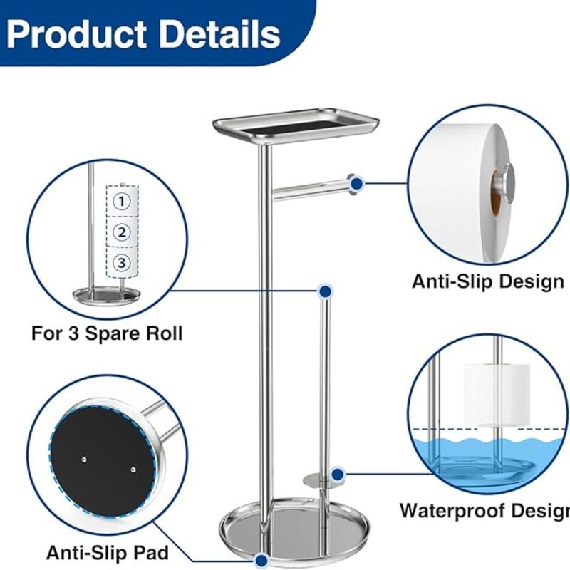 Toilet Paper Holder Stand with Top Storage Shelf, Chrome Toilet Paper Roll Holder