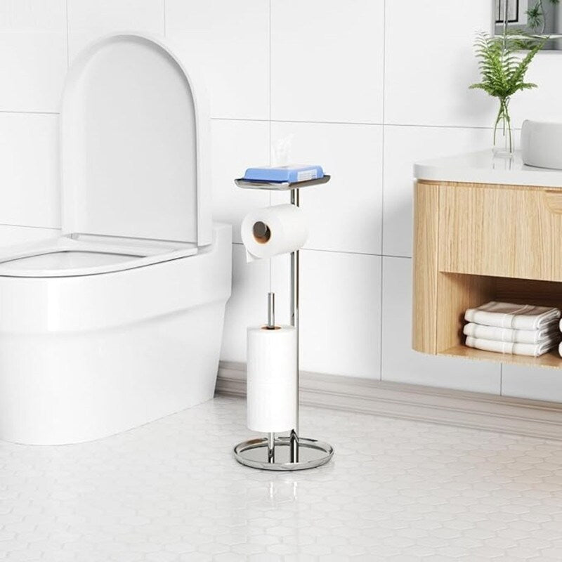 Toilet Paper Holder Stand with Top Storage Shelf, Chrome Toilet Paper Roll Holder
