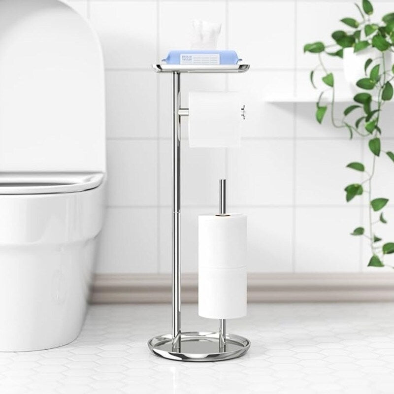 Toilet Paper Holder Stand with Top Storage Shelf, Chrome Toilet Paper Roll Holder