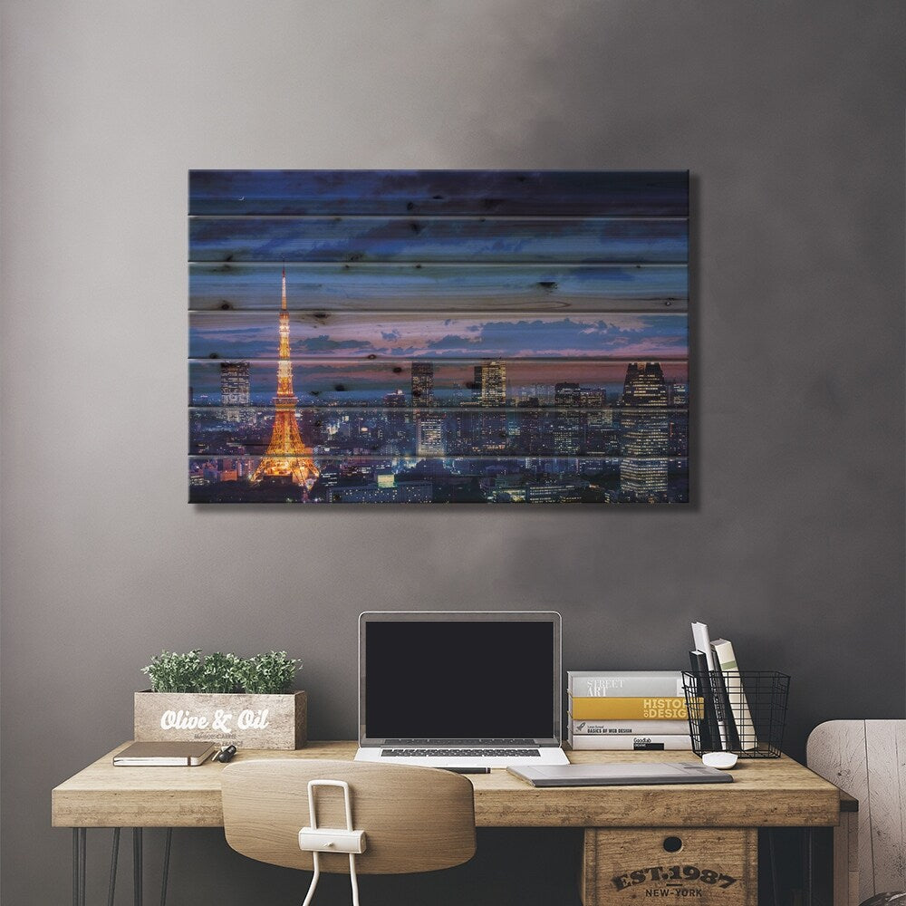 Tokyo Night View Print On Wood by Takao Kataoka - Multi-Color