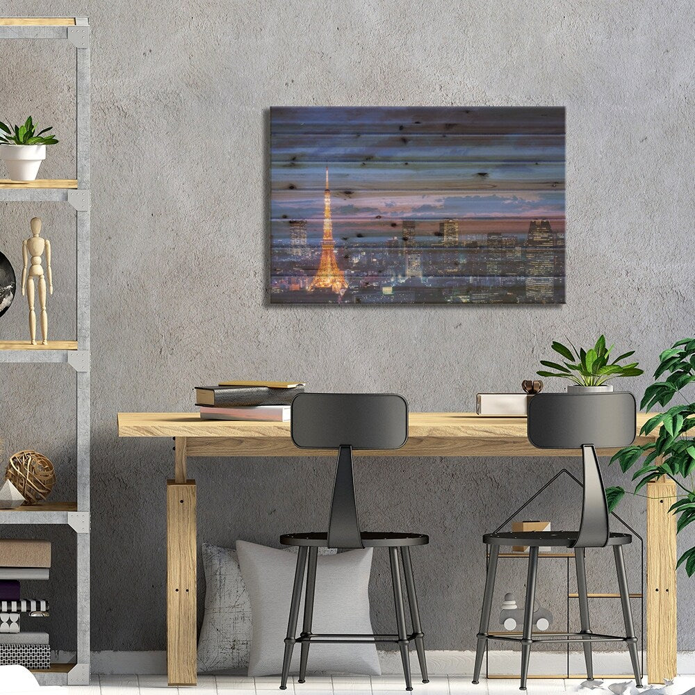 Tokyo Night View Print On Wood by Takao Kataoka - Multi-Color