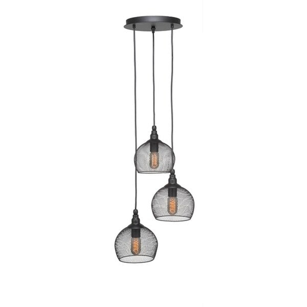 Toltec 3 Light Plexus Pendant Shown In Matte Black Finish with Metal Shade and Antique Bulb - abstract