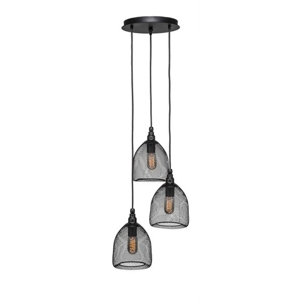 Toltec 3 Light Plexus Pendant Shown In Matte Black Finish with Metal Shade and Antique Bulb - abstract