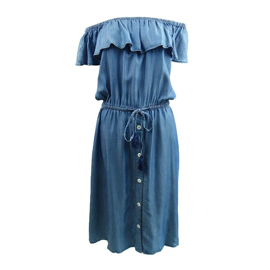 Tommy Bahama Women's Off the Shoulder Dress Swim Cover-Up (S, Chambray)