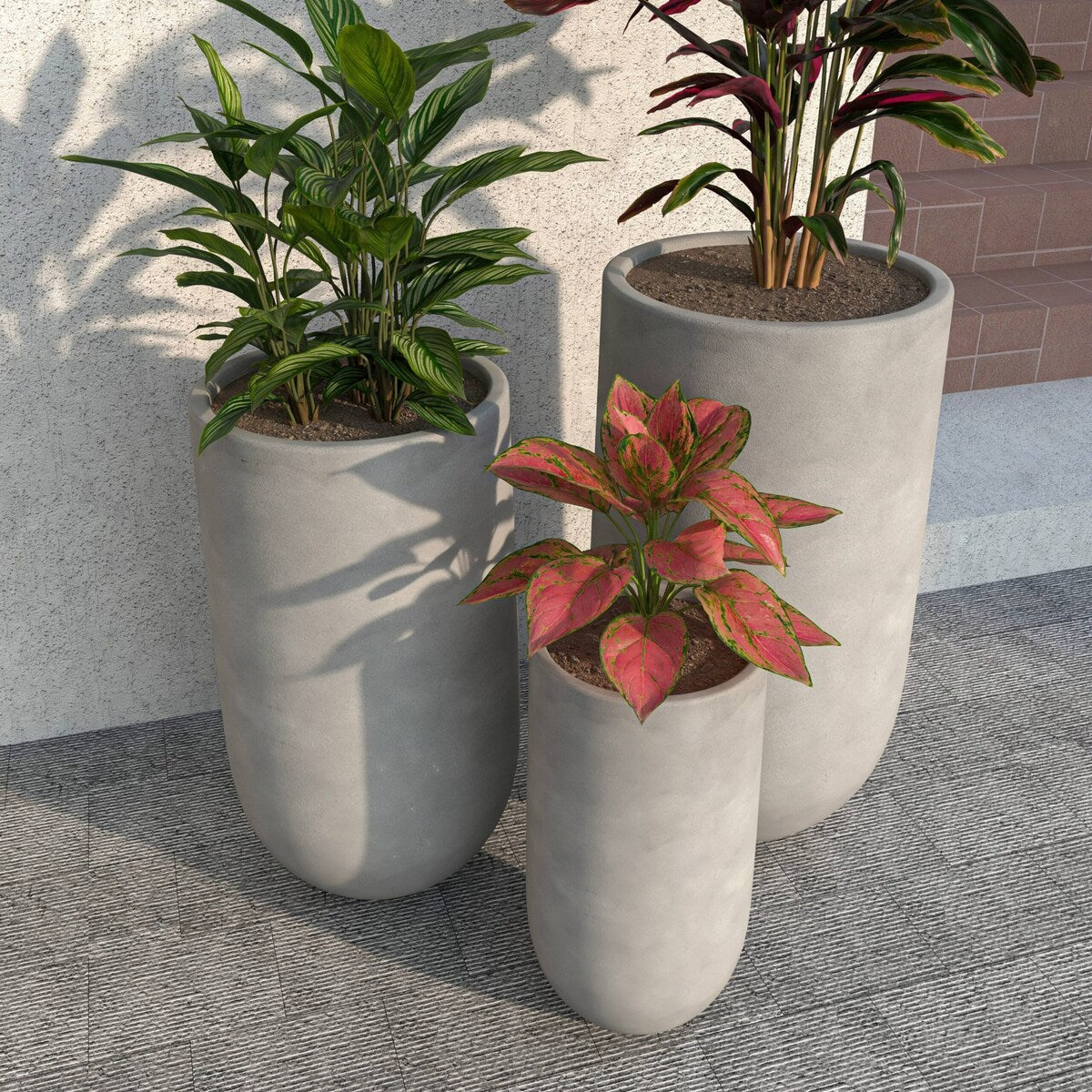 Topiary 3-Piece Modern Cylinder Fiberstone and MgO Clay Planter Set w Drainage Holes for Indoor Outdoor Home Office Garden Porch