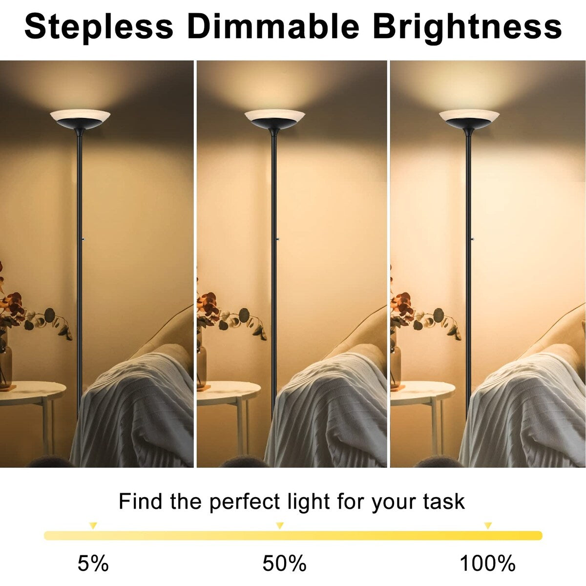 Torchiere Floor Lamp,24W Super Bright LED Standing Lamp,Stepless Dimmable Pole Lamp with 3000K Lighting,Rotary Switch,70 Inch