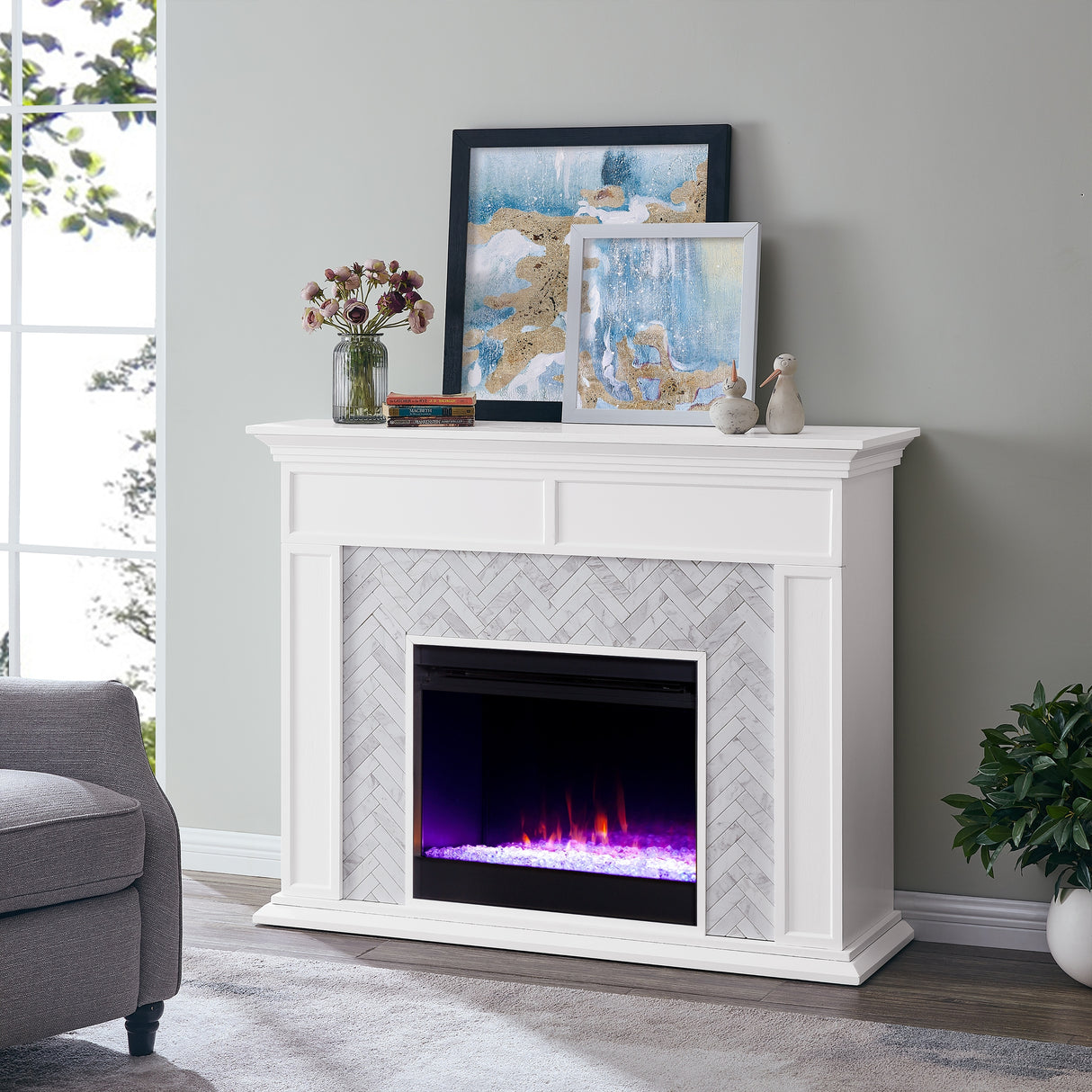 SEI Furniture Torton Contemporary Color Changing Electric Fireplace with Marble Tiled Mantel