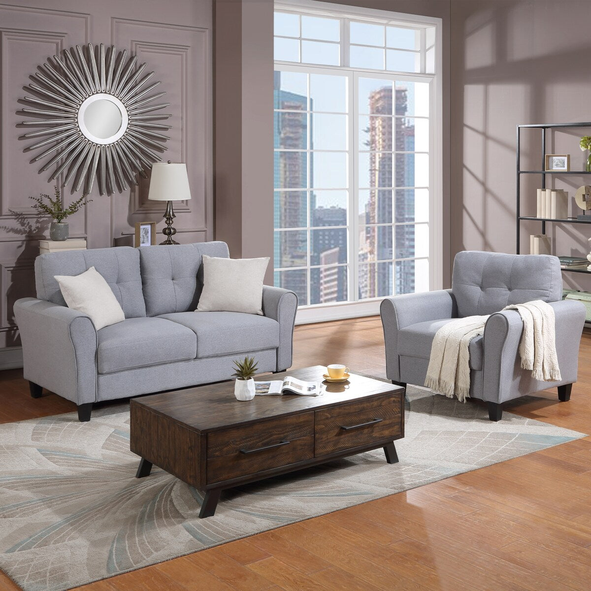 Living Room Sofa 2-piece Set Linen Upholstered Couch Furniture Armchair & Loveseat for Home Office (1+3 Seat)