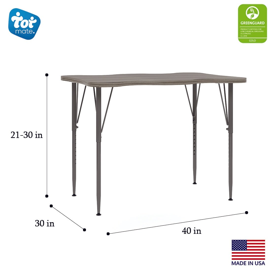 Tot Mate 40" W x 30" D My Place Rectangular Table, Adjustable Height 21" to 30", Ready-To-Assemble