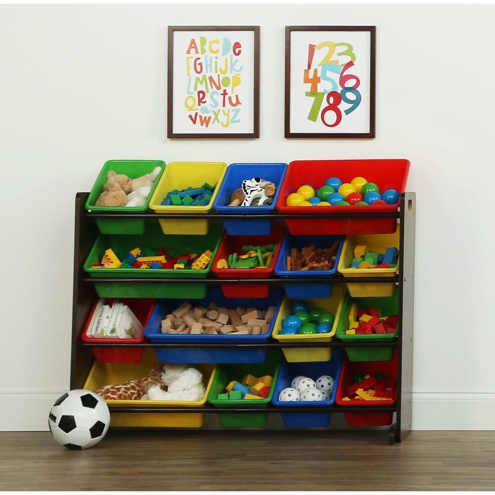 Tot Tutors Dark Walnut/Primary Super-Sized Kids Toy Storage Organizer w/ 16 Plastic Bins, Discover Collection