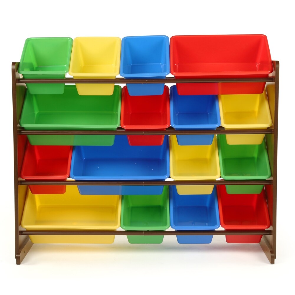 Tot Tutors Dark Walnut/Primary Super-Sized Kids Toy Storage Organizer w/ 16 Plastic Bins, Discover Collection