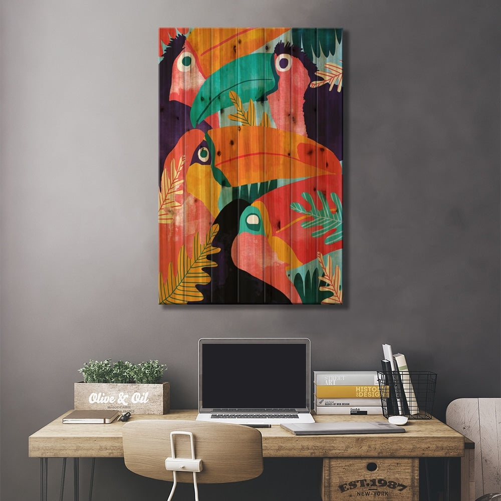 Toucan Flock Print On Wood by 83 Oranges - Multi-Color