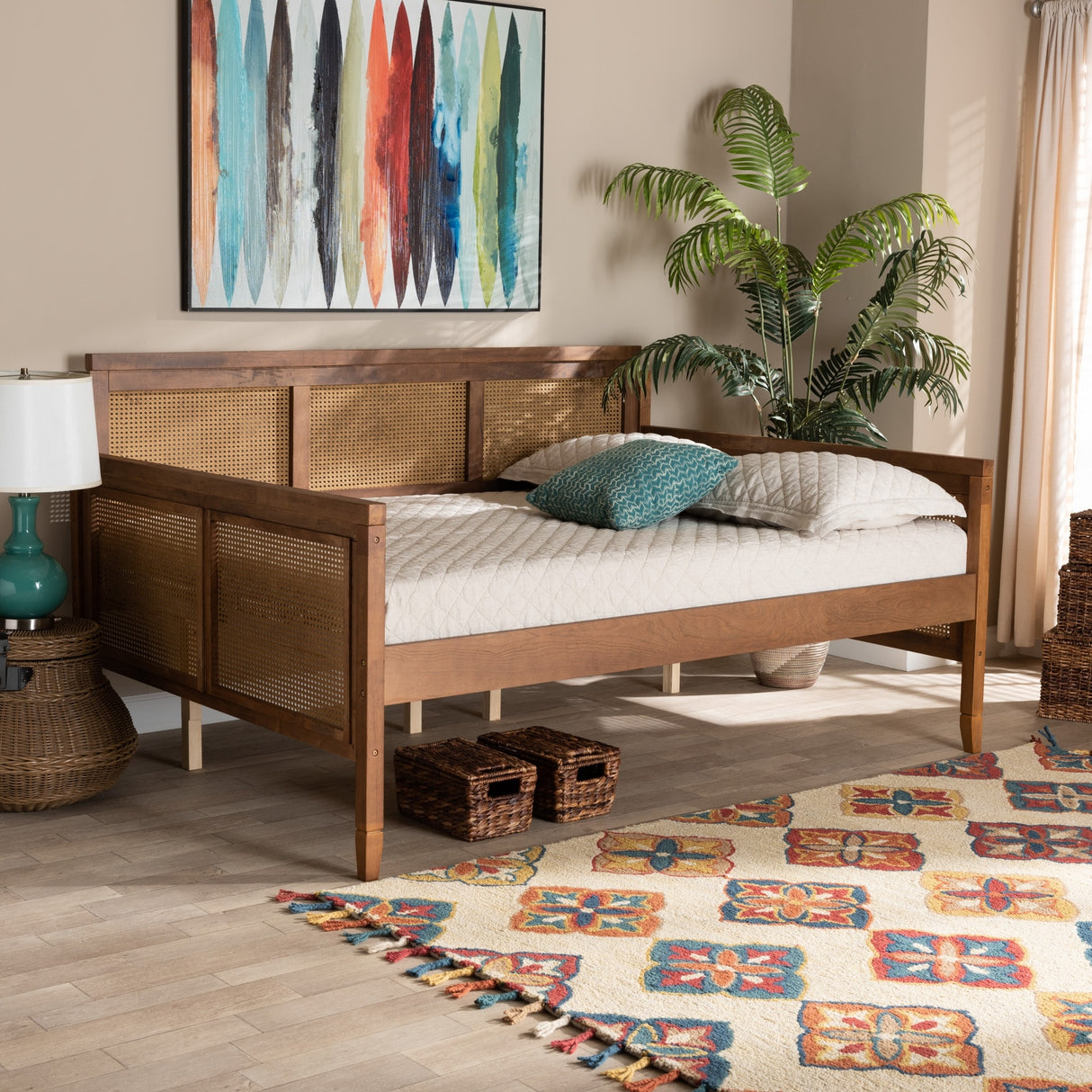 Toveli Vintage French Walnut Wood and Rattan Full Size Daybed