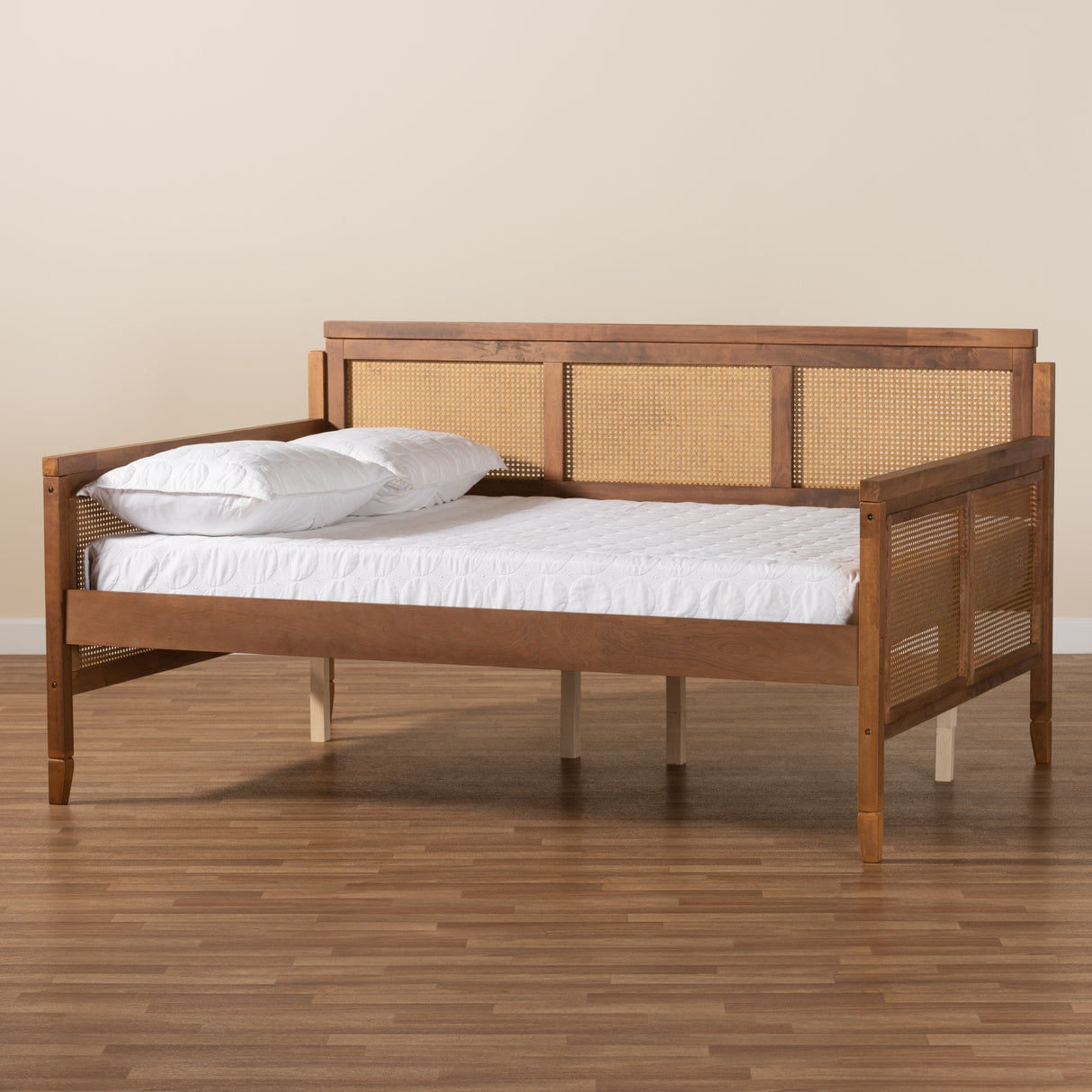 Toveli Vintage French Walnut Wood and Rattan Full Size Daybed