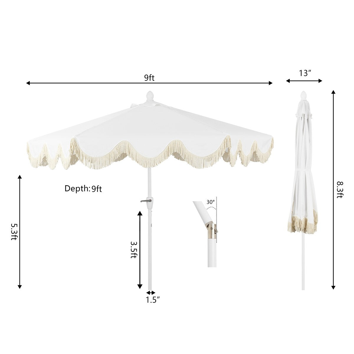Tracy 9 ft. Classic Cottage Tassel Market Patio Umbrella with Auto-Tilt, Crank, Wind Vent and UV Protection, by JONATHAN Y
